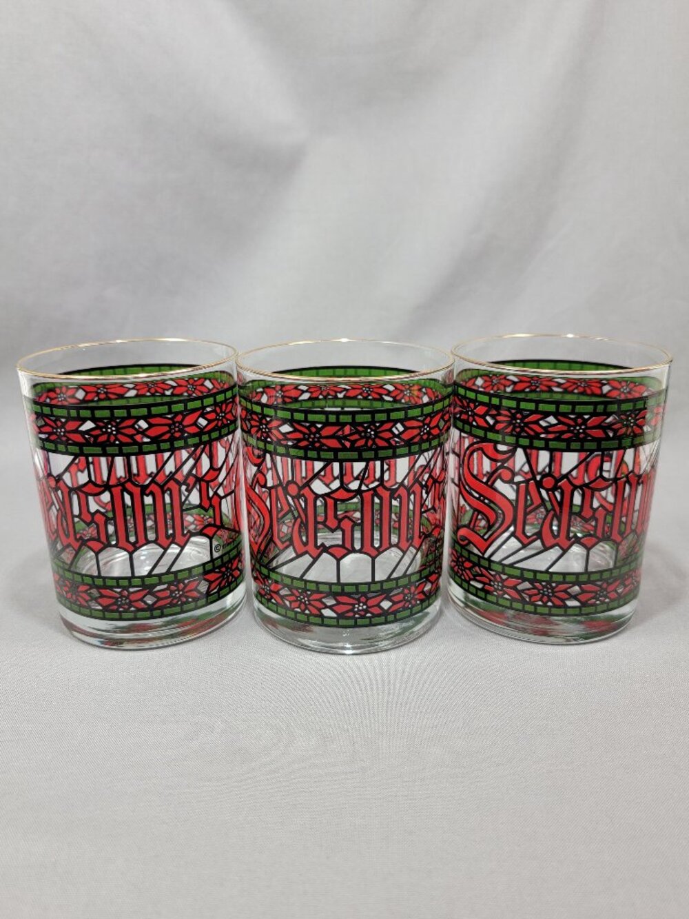 Vtg Houze Seasons Greetings Christmas Holiday Lowball Rocks Glass Cocktail Set 3